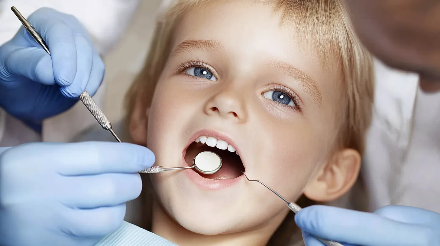 Uśmiechnięte dziecko podczas wizyty u dentysty.